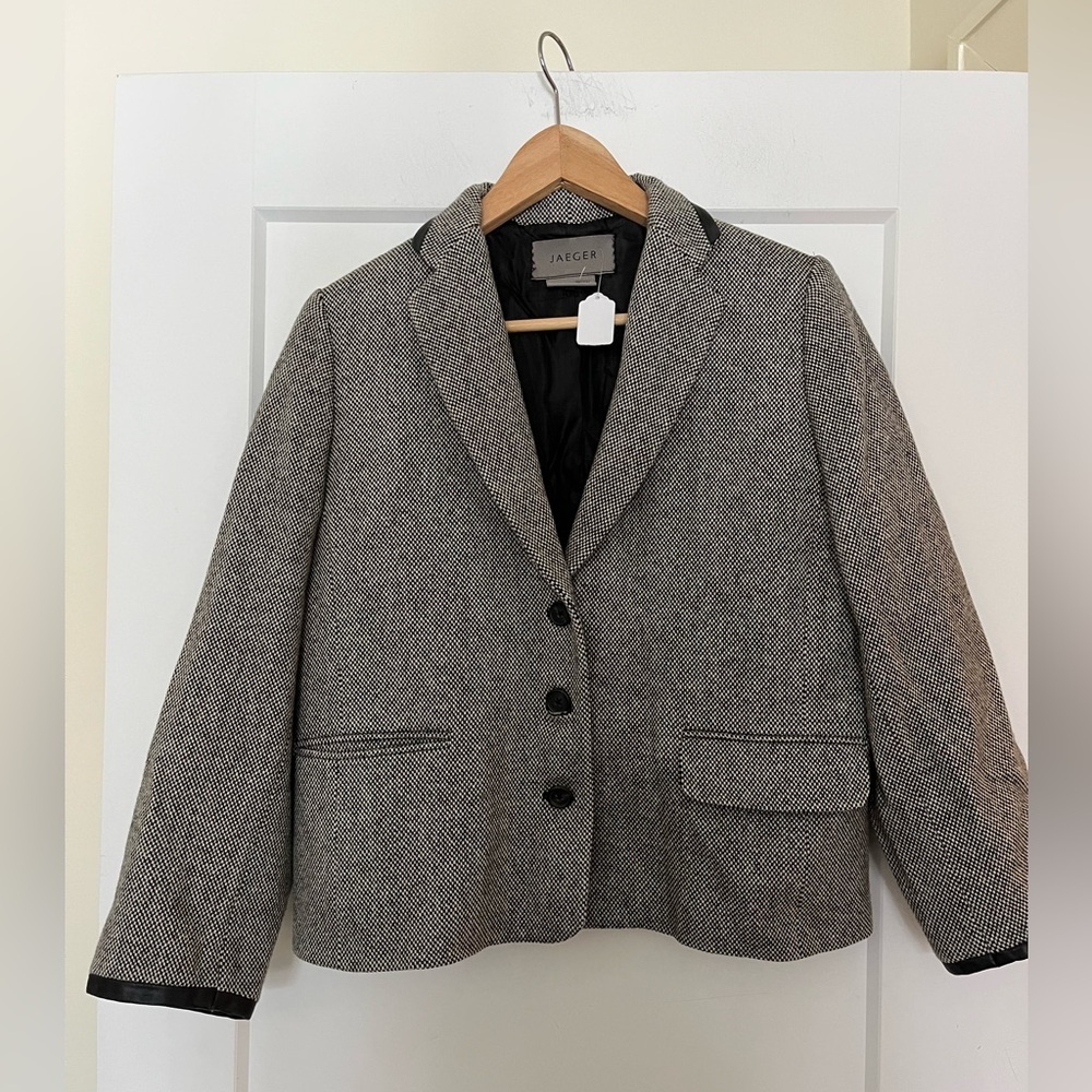 NWT Jaeger 💯 Felted Wool Black White Herringbone Boxy Single Breasted Jacket 10